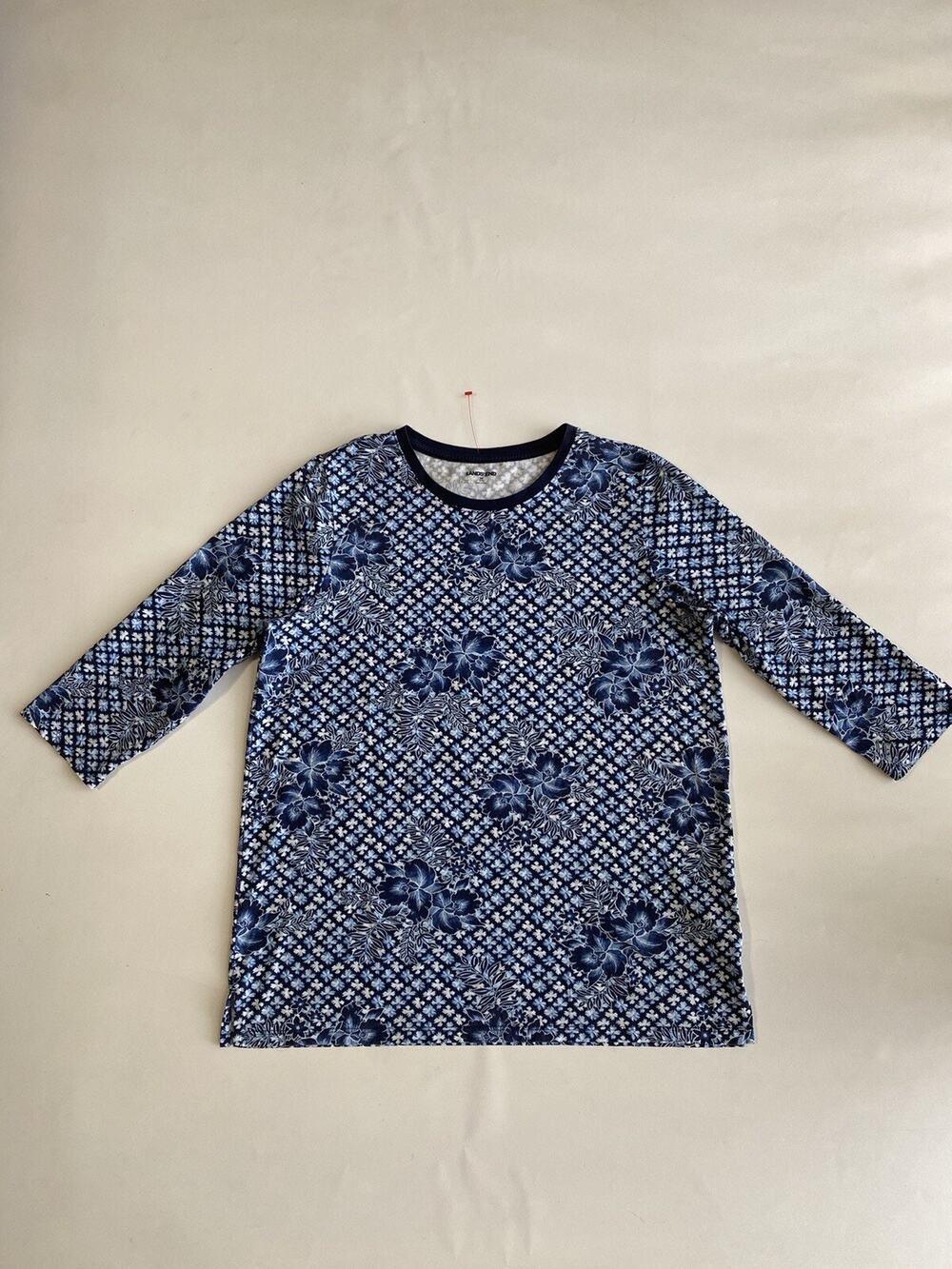 Lands’ End Women’s Blue Floral Stretch Cotton 3/4 Sleeves Slit Shirt Sz M(1XL)